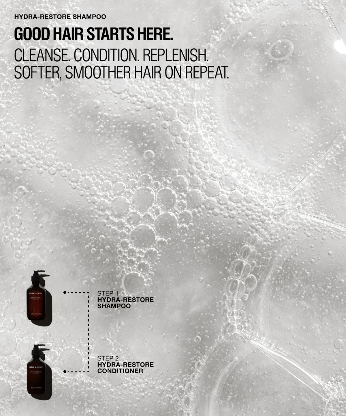 Hydra-Restore Shampoo and Conditioner set in dark amber bottles, presented on a textured gray background filled with bubbles, with descriptive text and step-by-step application instructions.