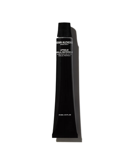 Black lip balm tube with brand name on a white background