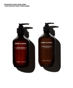 Two amber pump bottles of GROWN ALCHEMIST hand wash and hand cream on a white background with black shadows. Text at the top reads 'INVIGORATE HAND WASH 300ML + RESTORATIVE HAND CREAM 300ML'.