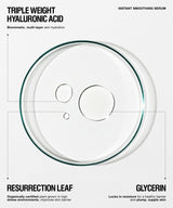 A clean white and light gray informational graphic for a skincare serum. The central visual is a transparent circular petri dish or droplet with a dark green rim, surrounded by black text reading 'TRIPLE WEIGHT HYALURONIC ACID', 'INSTANT SMOOTHING SERUM', 'RESURRECTION LEAF', and 'GLYCERIN' with brief descriptive copy.