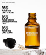 Grown Alchemist Instant Smoothing Serum in an amber glass bottle with a black dropper cap, shown on a white background with three marketing text callouts about skin hydration and smoothness.