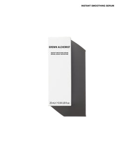 A tall, slim white skincare box labeled 'GROWN ALCHEMIST' and 'INSTANT SMOOTHING SERUM' on a clean white background, with a dark gray shadow cast to the right. Small black text at the top reads 'INSTANT SMOOTHING SERUM'.