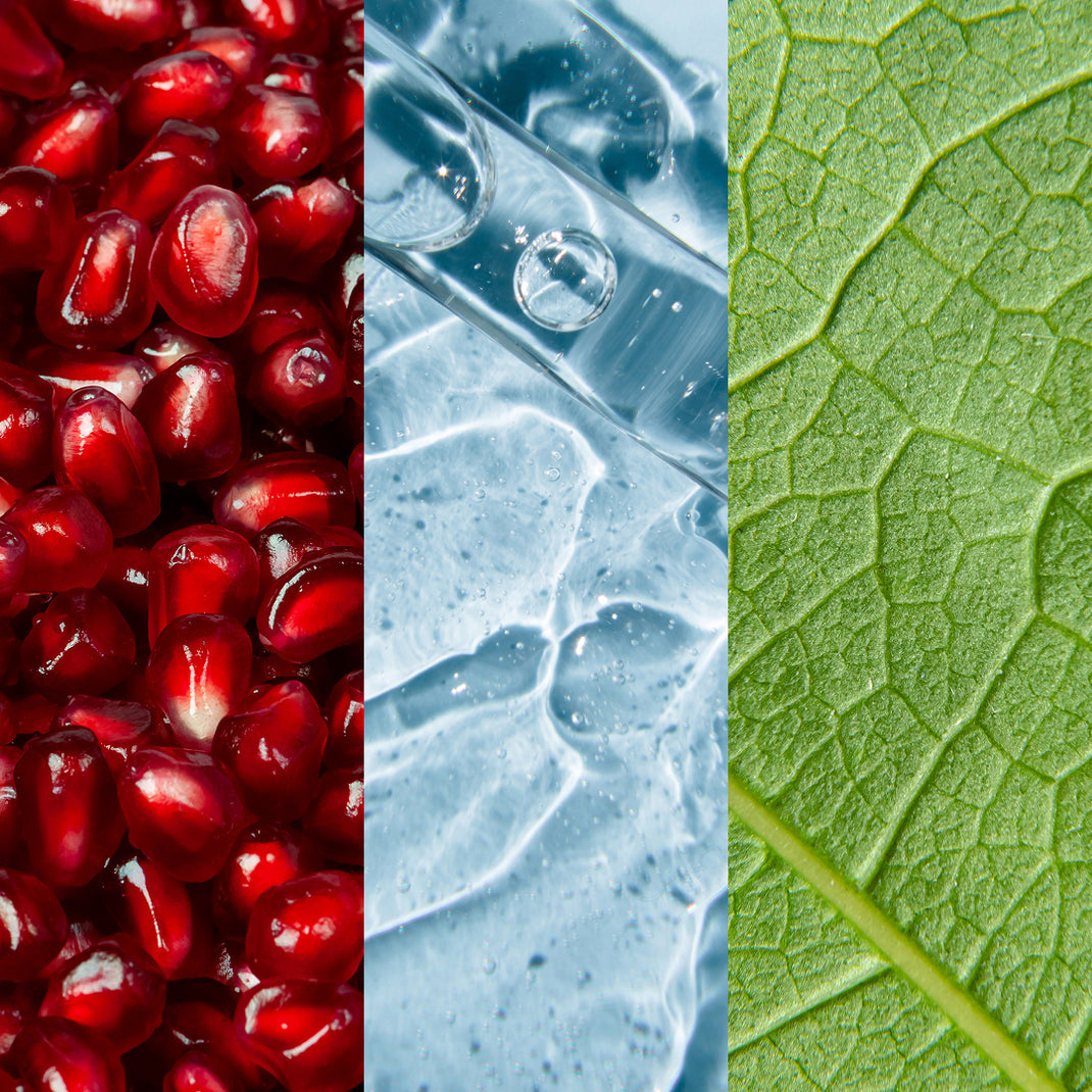 Three different textures or images: red pomegranate seeds, water droplets on a surface, and green leaf texture.