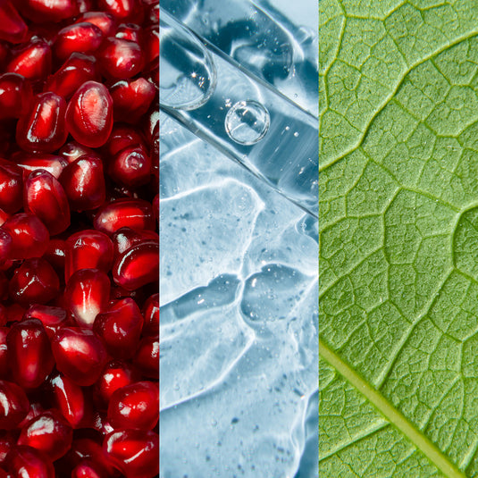 Three different textures or images: red pomegranate seeds, water droplets on a surface, and green leaf texture.