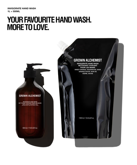 Grown Alchemist Invigorate Hand Wash shown with a 500ml dark amber pump bottle and a large black refill pouch on a white background, with promotional text above.