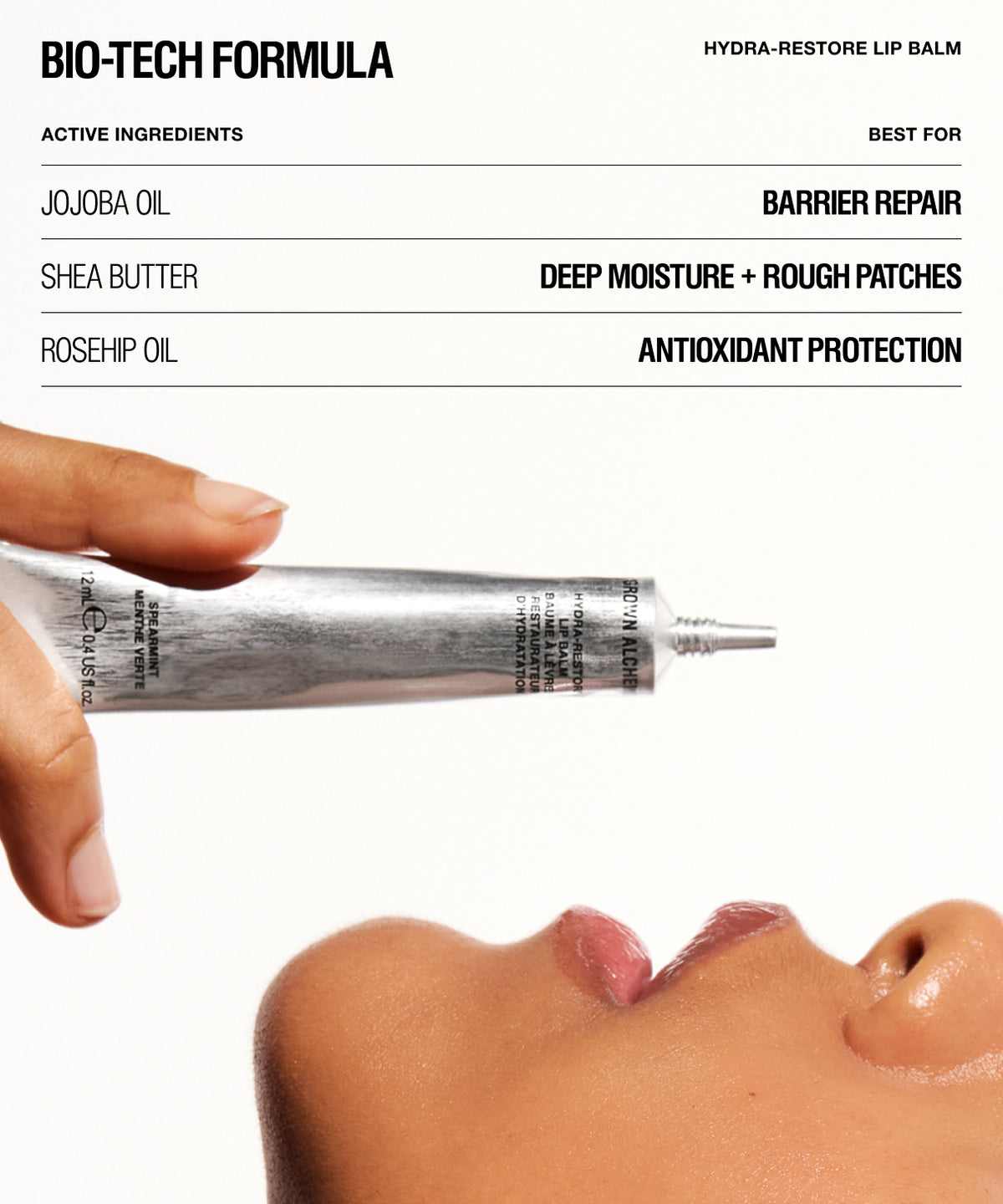 A hand holds a silver tube of lip balm above a close-up of glossy lips. The top of the image contains text reading 'BIO-TECH FORMULA' and lists ingredients and benefits on a white background.