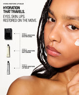 Close-up beauty ad showing a woman with hydrated skin and lips, alongside product callouts for Hydra-Restore lip balm, eye patches, and day cream on a white background with promotional text.