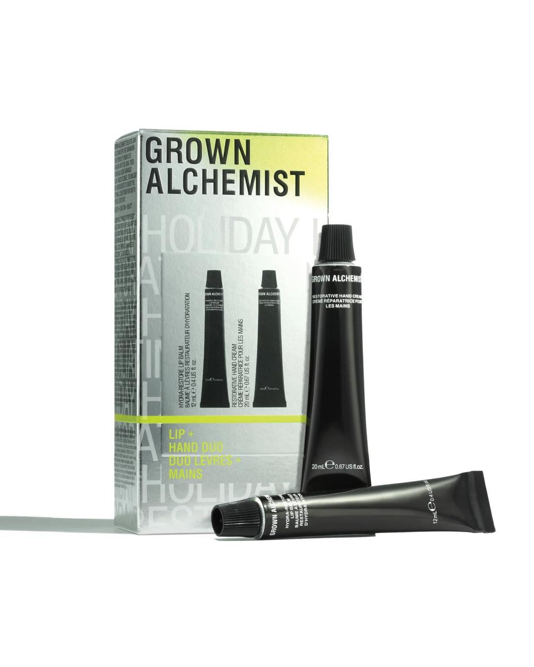 Grown Alchemist product set with box and tubes on a white background