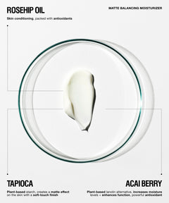 Texture mage of Matte Balancing Moisturizer. Ingredients include Rosehip Oil, Tapioca, Acai Berry