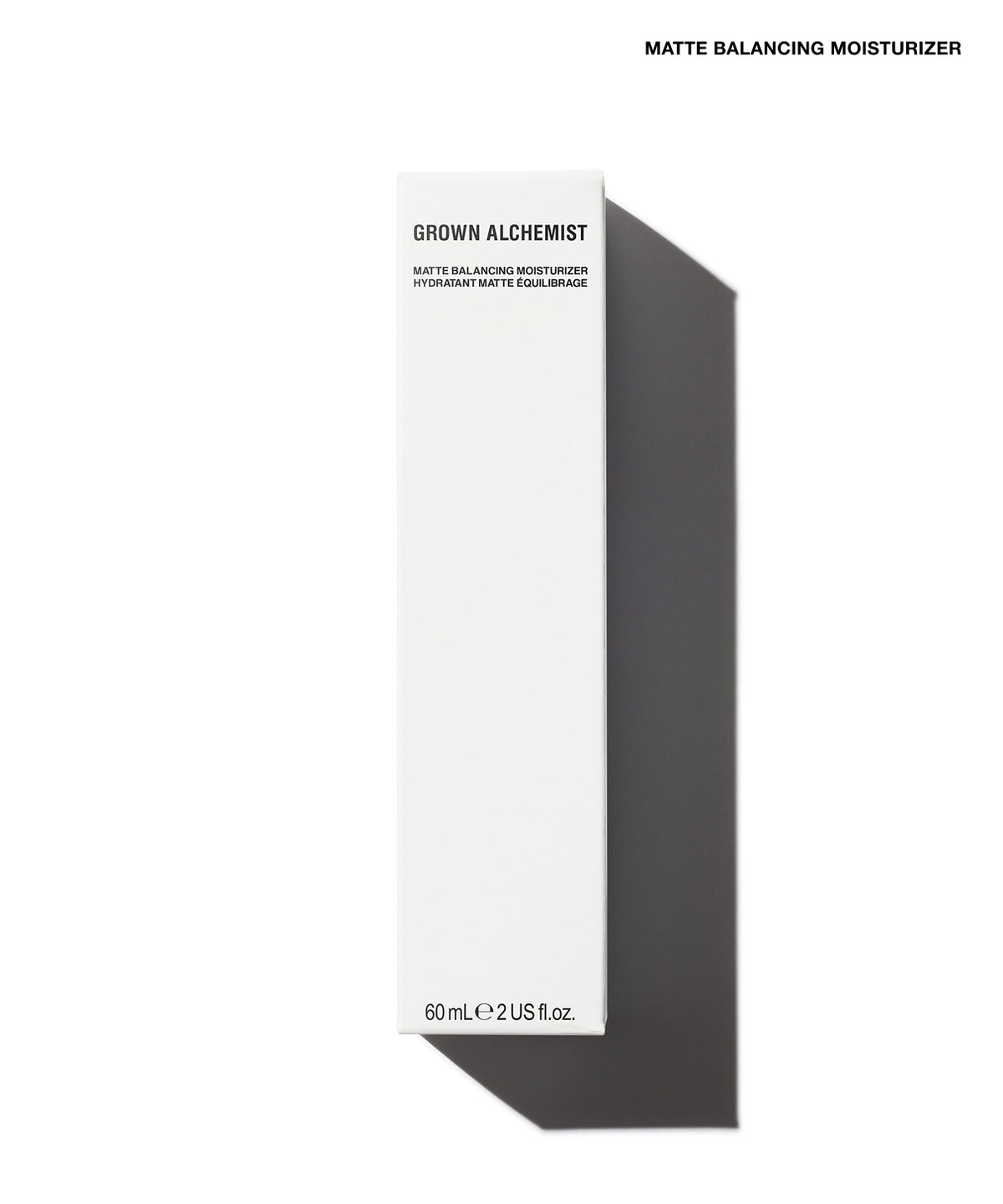 A tall, narrow white box for Grown Alchemist Matte Balancing Moisturizer, shown on a white background with a dark gray shadow. The text 'MATTE BALANCING MOISTURIZER' appears at the top right.
