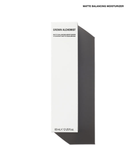 A tall, narrow white box for Grown Alchemist Matte Balancing Moisturizer, shown on a white background with a dark gray shadow. The text 'MATTE BALANCING MOISTURIZER' appears at the top right.