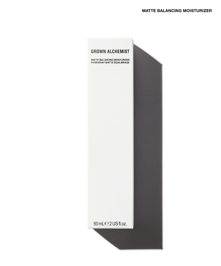 A tall, narrow white box for Grown Alchemist Matte Balancing Moisturizer, shown on a white background with a dark gray shadow. The text 'MATTE BALANCING MOISTURIZER' appears at the top right.