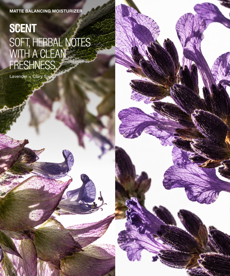 Scent marketing graphic for 'Matte Balancing Moisturizer' featuring a split design with text on the left and a close-up of purple lavender-scented flowers on the right.