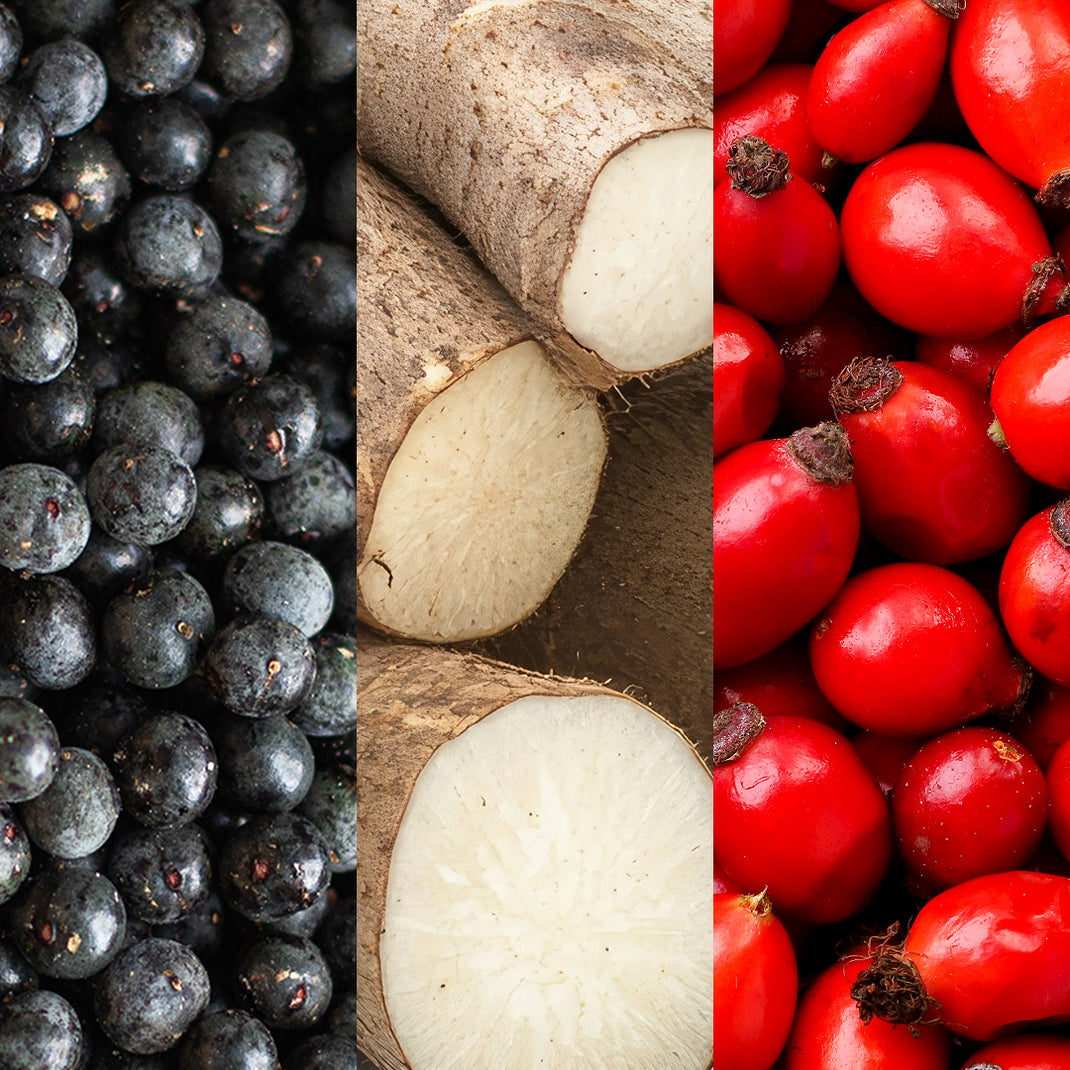 Collage of black currants, cassava roots, and red berries.