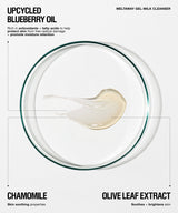 A clean, minimalist product graphic for Upcycled Blueberry Oil Meltdown Gel-Milk Cleanser. The design features a clear circular petri-dish mockup containing a swirl of pale blue-green gel, with text highlighting key ingredients: Chamomile and Olive Leaf Extract.