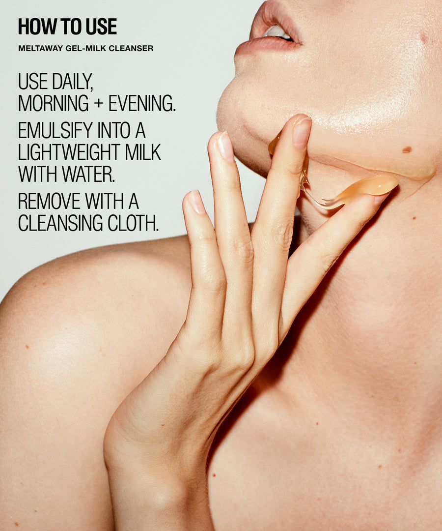 Close-up of a person's face and hand applying or spreading a glossy cream cleanser on the neck and jawline, with text on the left reading 'HOW TO USE' and 'MELTAWAY GEL-MILK CLEANSER.' Because a real person/body part is present, this is Lifestyle rather than Product/Packaging, even though the product itself is not directly visible as a standalone item.