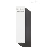 A tall, narrow white box for Grown Alchemist Meltaway Gel-Milk Cleanser, shown on a white background with a strong dark shadow to the right. The box has black text and is photographed from a top-down angle.