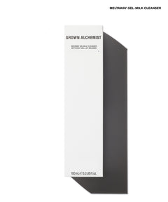 A tall, narrow white box for Grown Alchemist Meltaway Gel-Milk Cleanser, shown on a white background with a strong dark shadow to the right. The box has black text and is photographed from a top-down angle.