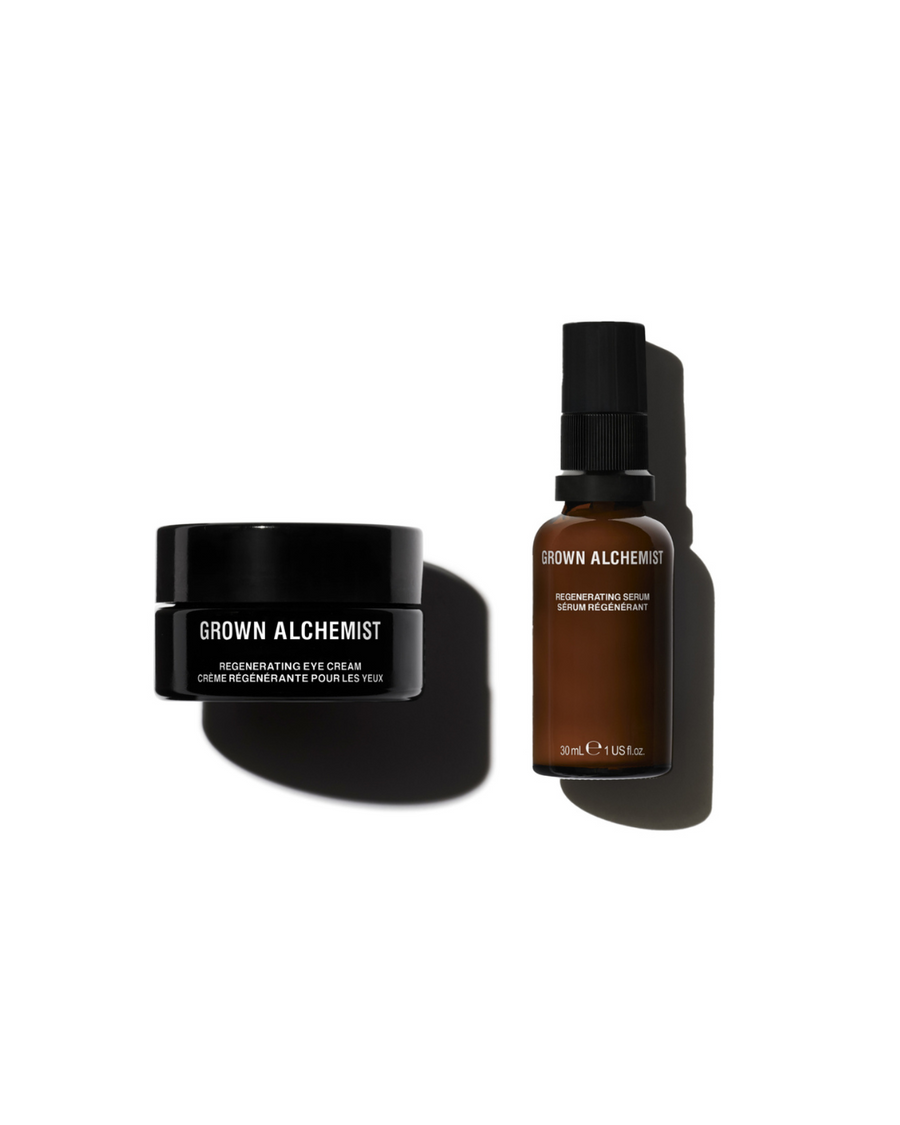 Photo of regenerating eye cream and regenerating serum on a white background.