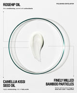 A cosmetic ingredient blend presentation featuring a central smear of white cream inside a clear circular dish, with text labels for Rosehip Oil, Camellia Kissi Seed Oil, and finely milled bamboo particles on a light gray background.