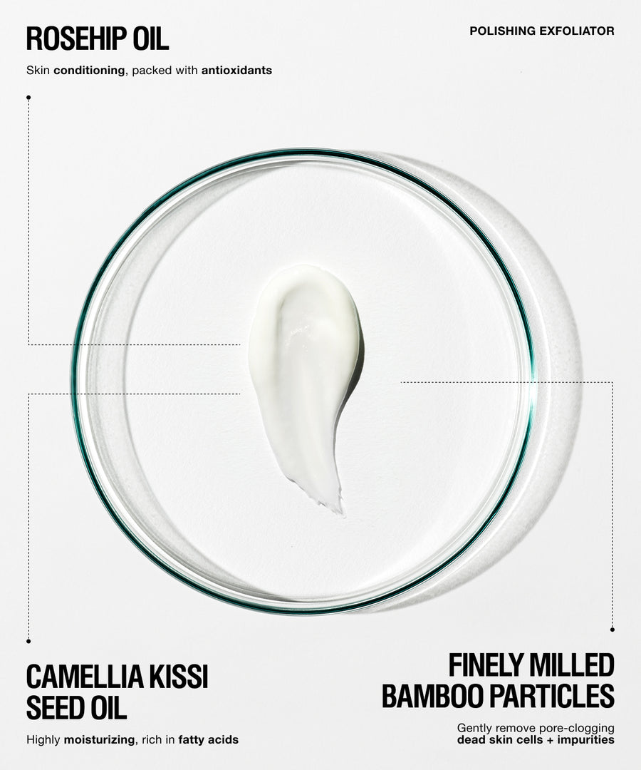 A cosmetic ingredient blend presentation featuring a central smear of white cream inside a clear circular dish, with text labels for Rosehip Oil, Camellia Kissi Seed Oil, and finely milled bamboo particles on a light gray background.