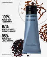 A tube of Grown Alchemist Polishing Exfoliator stands upright against a white background with ingredient bowls and marketing text. The tube is a muted blue-gray with a black cap, and the text claims 100% skin smoothness, 97% instant smoothness, and 95% radiant appearance.