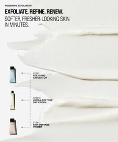 A skincare marketing graphic with text reading 'EXFOLIATE. REFINE. RENEW.