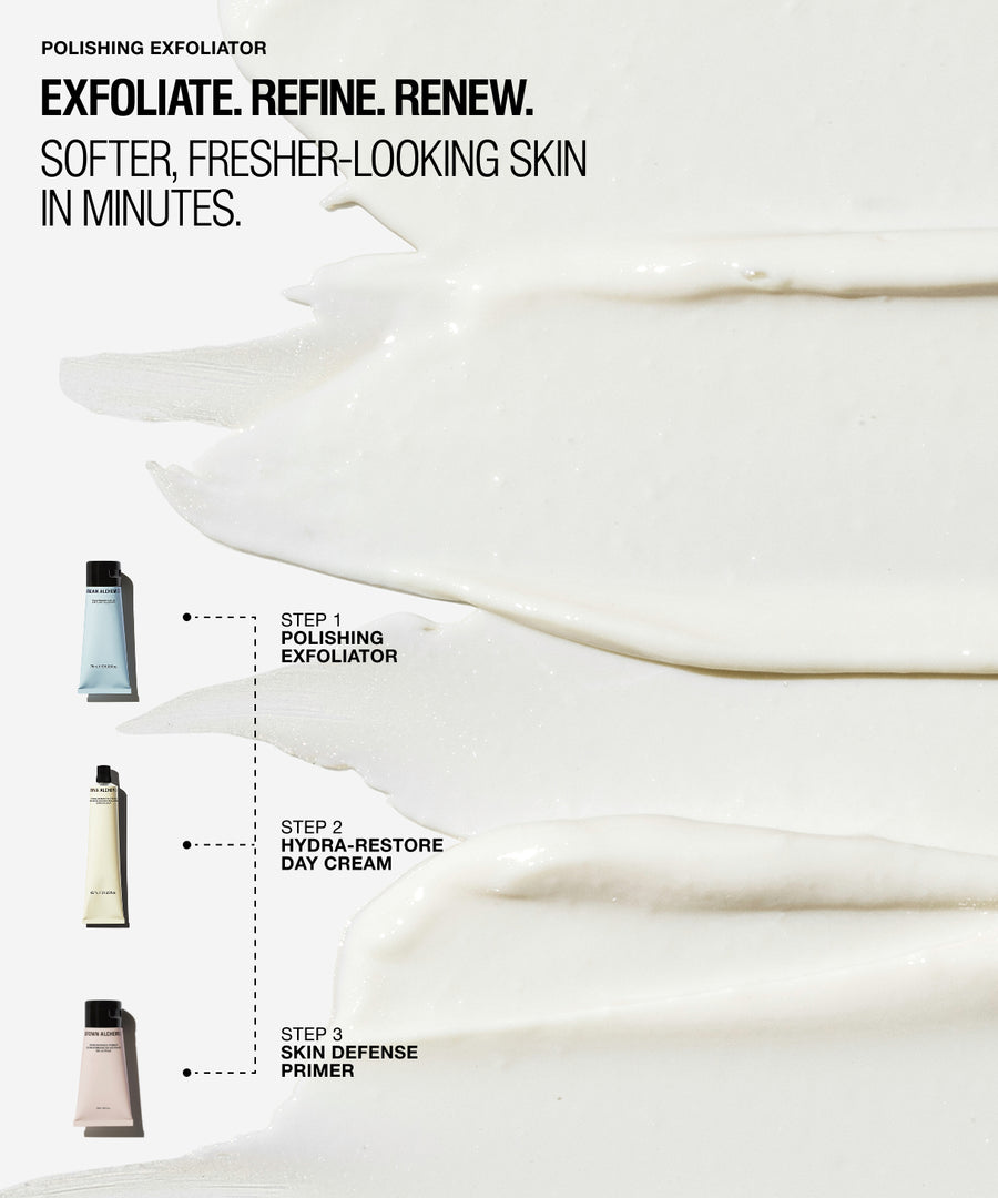 A skincare marketing graphic with text reading 'EXFOLIATE. REFINE. RENEW.