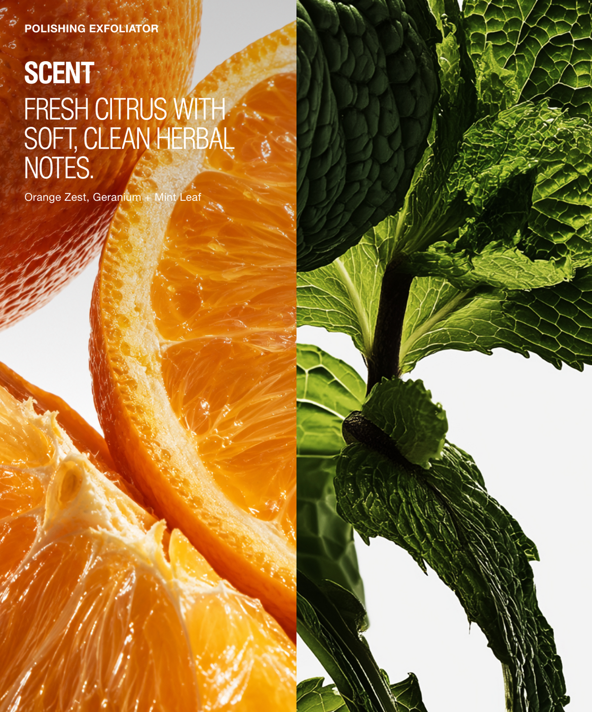 A split visual for a polishing exfoliator scent note: the left half shows bright orange citrus slices with white text reading 'POLISHING EXFOLIATOR', 'SCENT', and 'FRESH CITRUS WITH SOFT, CLEAN HERBAL NOTES. Orange Zest, Geranium, Mint Leaf.