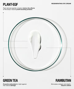 Regenerating eye cream in a clear circular pot with a white cream swirl in the center, labeled with Plant-EGF, Green Tea, and Rambutan on a light gray background.