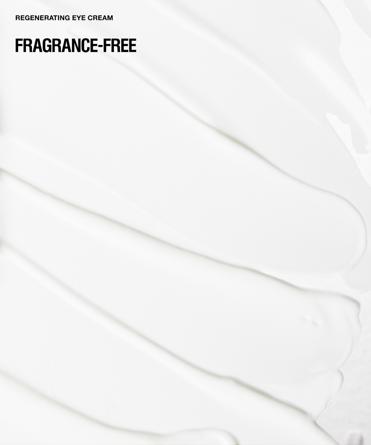 White cosmetic smear with black text reading 'REGENERATING EYE CREAM' and 'FRAGRANCE-FREE' on a clean white background.