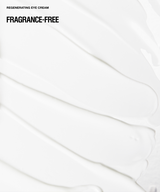 White cosmetic smear with black text reading 'REGENERATING EYE CREAM' and 'FRAGRANCE-FREE' on a clean white background.