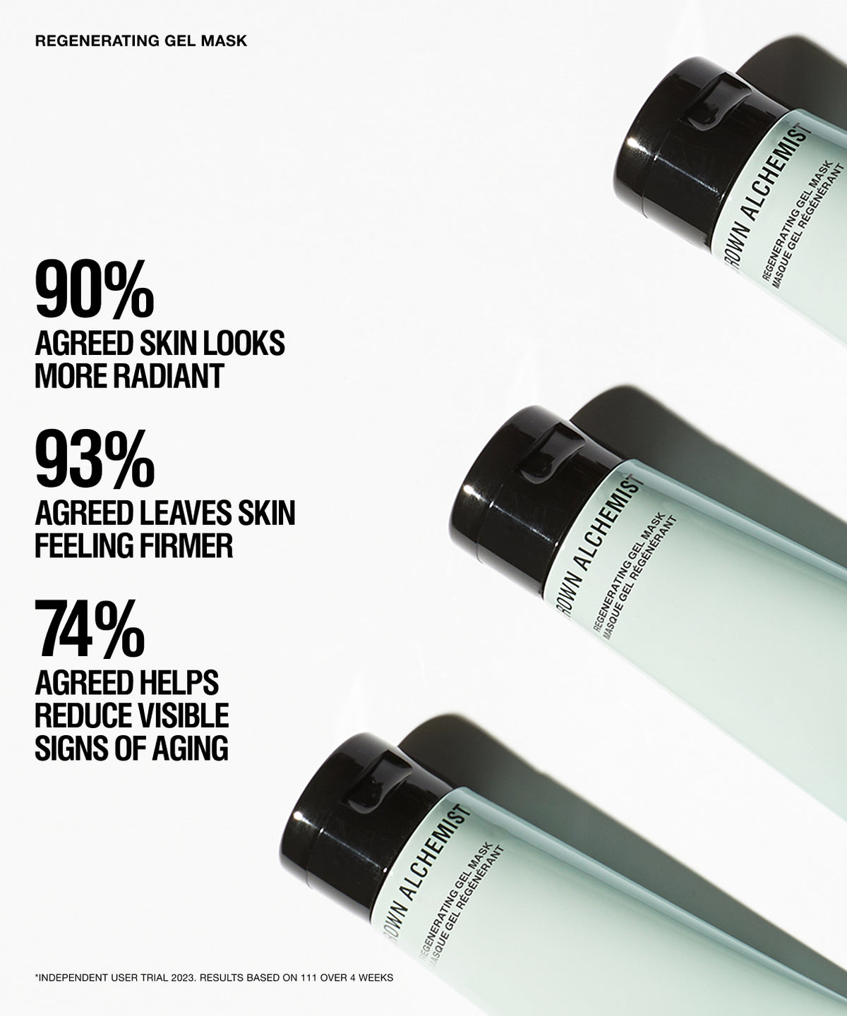 Three tubes of regenerating gel mask arranged diagonally on a white background with bold black marketing text about skincare benefits.