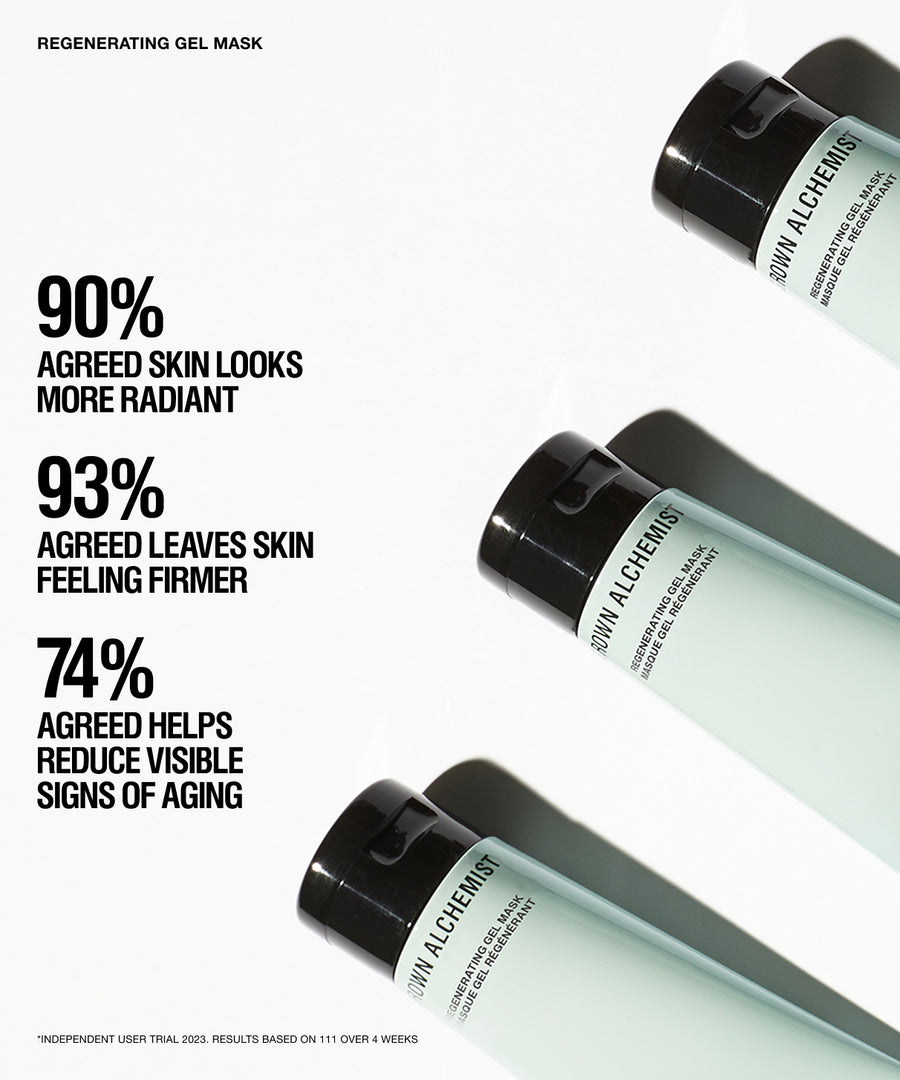 Three tubes of regenerating gel mask arranged diagonally on a white background with bold black marketing text about skincare benefits.