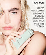 A close-up beauty ad showing a woman holding a pale mint-green tube labelled GROWN ALCHEMIST Regenerating Gel Mask, with text on the right explaining how to use it.