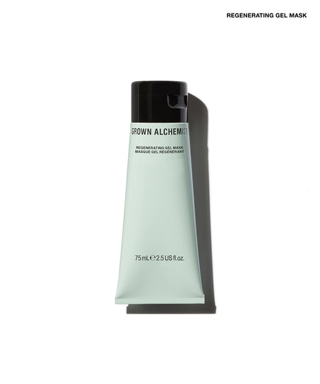 A squeeze tube of Grown Alchemist Regenerating Gel Mask with a black cap, shown on a white background with a soft shadow.
