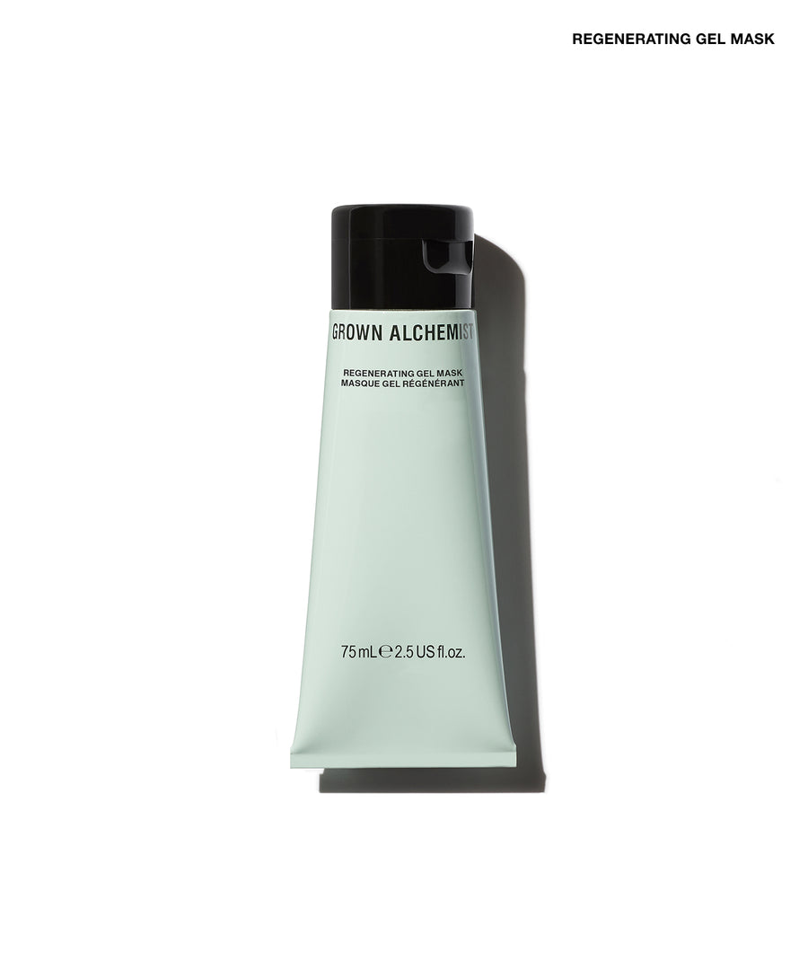 A squeeze tube of Grown Alchemist Regenerating Gel Mask with a black cap, shown on a white background with a soft shadow.