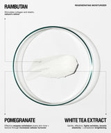 A white cream product shown inside a clear circular petri dish on a light gray background, with text labels reading RAMBUTAN and WHITE TEA EXTRACT and smaller descriptive copy about regenerating moisturizer and pomegranate and white tea extract benefits.