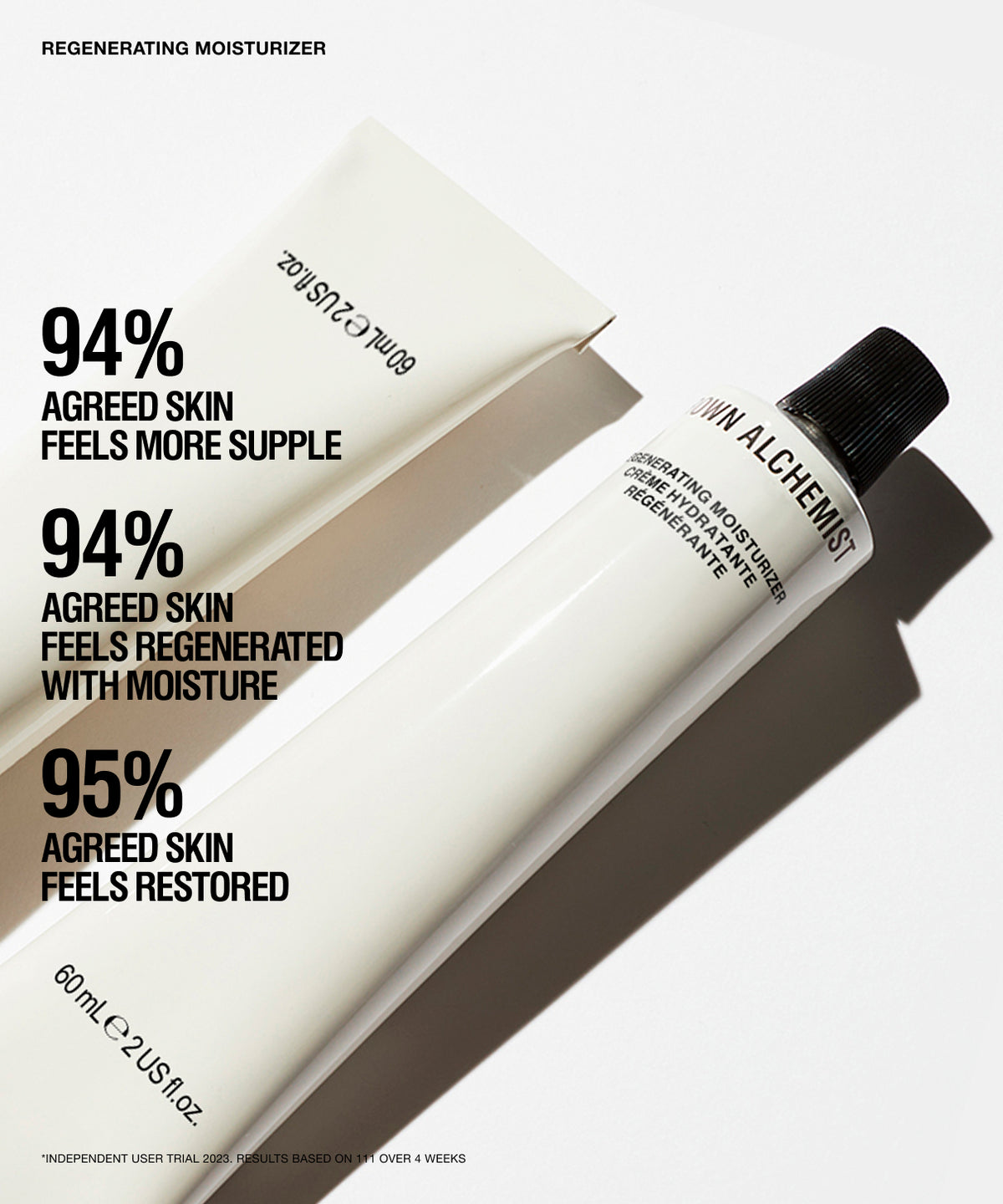 A face moisturizer tube and matching box with black text overlays on a light gray background. The tube has a black cap and visible branding for Grown Alchemist.