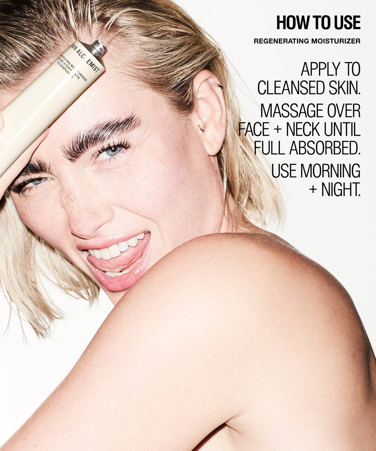 A close-up beauty lifestyle photo of a woman with blonde hair applying or holding a cream-colored tube against her forehead. The right side features white text reading 'HOW TO USE REGENERATING MOISTURIZER APPLY TO CLEANSED SKIN.