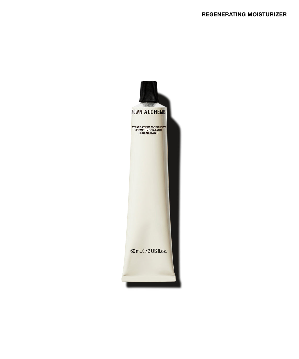 A single tube of Regenerating Moisturizer on a solid white background, featuring a minimalist white tube with a black cap and text, casting a soft shadow to the right.