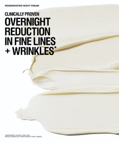 A skincare marketing graphic featuring a thick, creamy off-white cream swatch on a white background with bold black text reading 'OVERNIGHT REDUCTION IN FINE LINES + WRINKLES' and smaller text 'REGENERATING NIGHT CREAM' and 'CLINICALLY PROVEN'.
