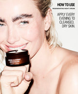 A close-up lifestyle shot of a smiling blonde woman holding a dark brown jar of GROWN ALCHEMIST Regenerating Night Cream against a clean white background with text instructions on how to use the cream.