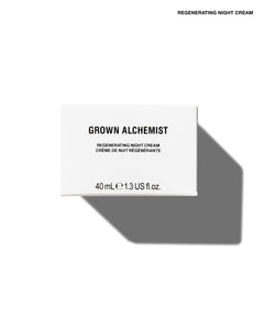 A white rectangular product box for Grown Alchemist Regenerating Night Cream, shown on a white background with a soft gray shadow. The box features black text and is positioned in the lower half of the frame.