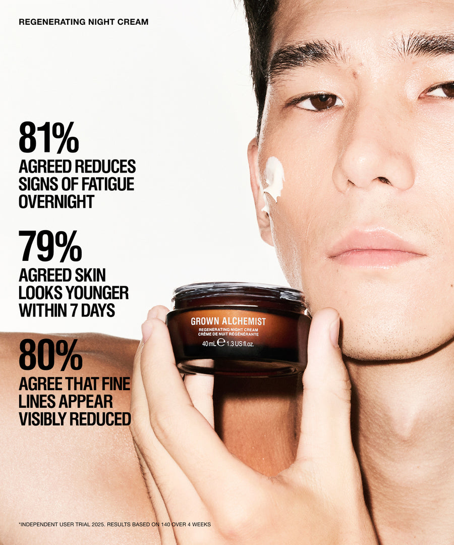 A close-up beauty ad showing a man holding a dark brown jar labeled Grown Alchemist Regenerating Night Cream against a white background with large black text claiming skincare benefits.