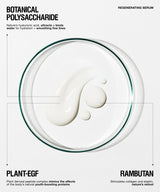 A clean infographic-style product image for a regenerating serum. A clear petri dish or round glass vessel is centered on a white background, containing a glossy white cream or serum swirl.