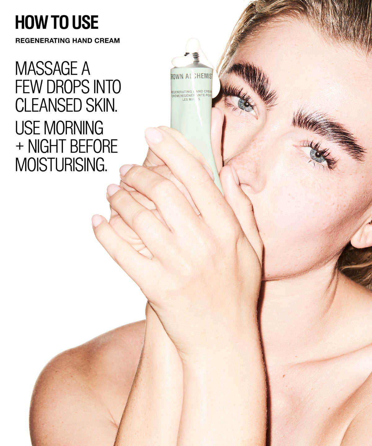 A woman holds a tube of Regenerating Hand Cream against her face, with text on the left explaining how to use the hand cream.