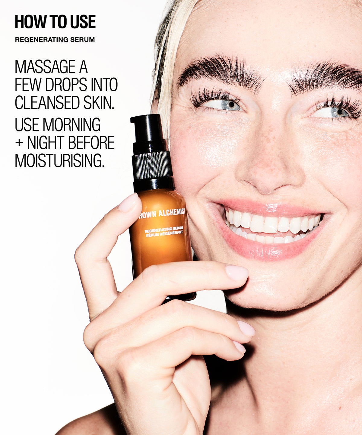 A close-up beauty ad showing a smiling woman holding a small brown bottle labelled 'Regenerating Serum' against a white background with black usage text on the left.