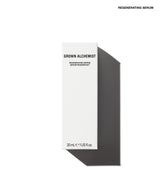 A tall, slim white skincare bottle labeled 'GROWN ALCHEMIST REGENERATING SERUM' on a clean white background with a soft shadow cast to the right.
