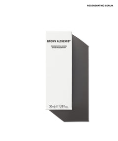 A tall, slim white skincare bottle labeled 'GROWN ALCHEMIST REGENERATING SERUM' on a clean white background with a soft shadow cast to the right.